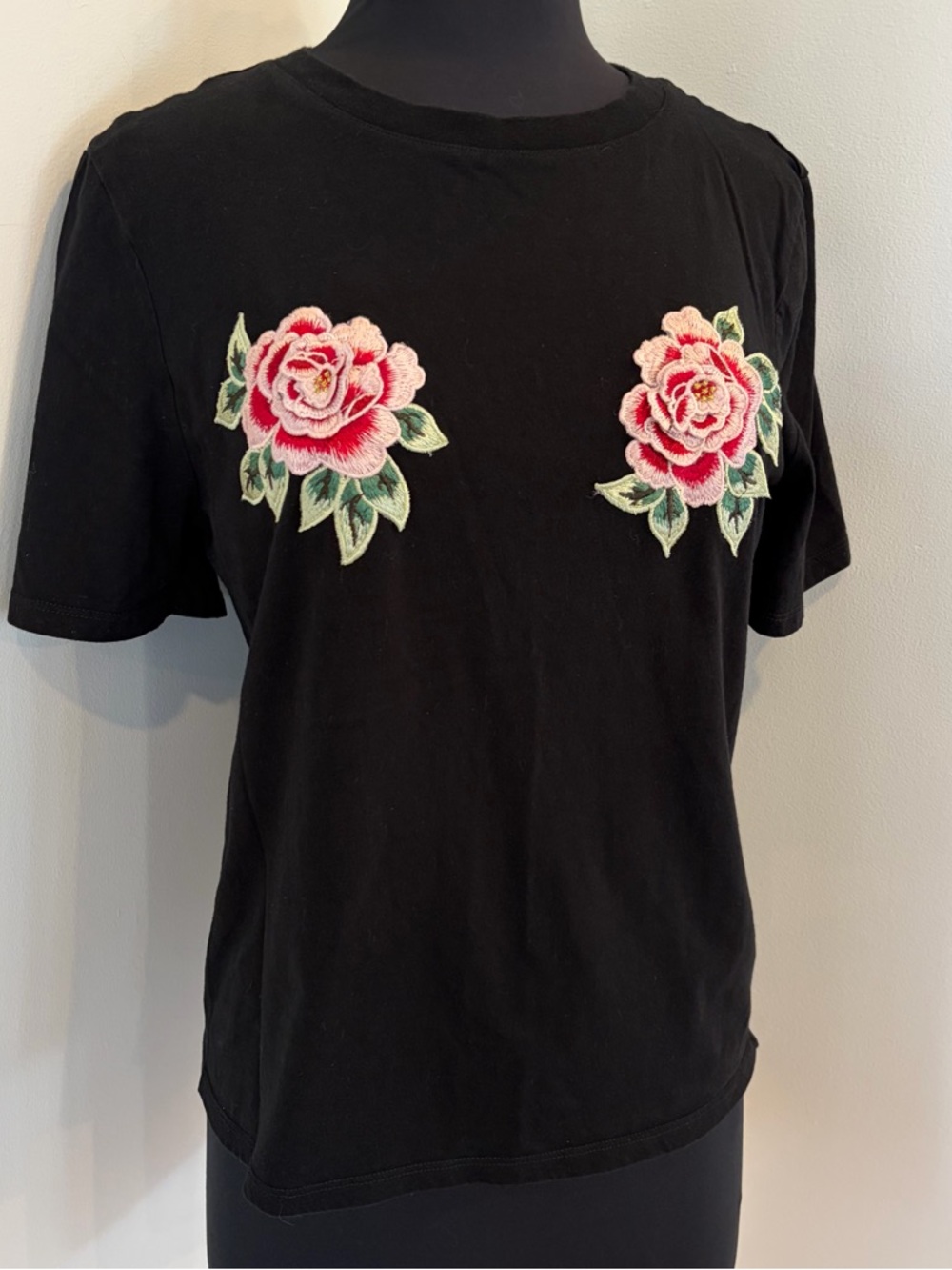 H&M Black Women's Tee with Pink Floral Embroidered Appliqués